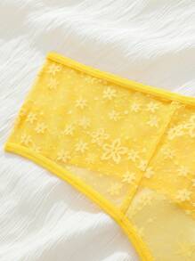 SHEIN Plus Size Bowknot Decor Sheer Lace Trimmed Thong Panty - Yellow - View 3