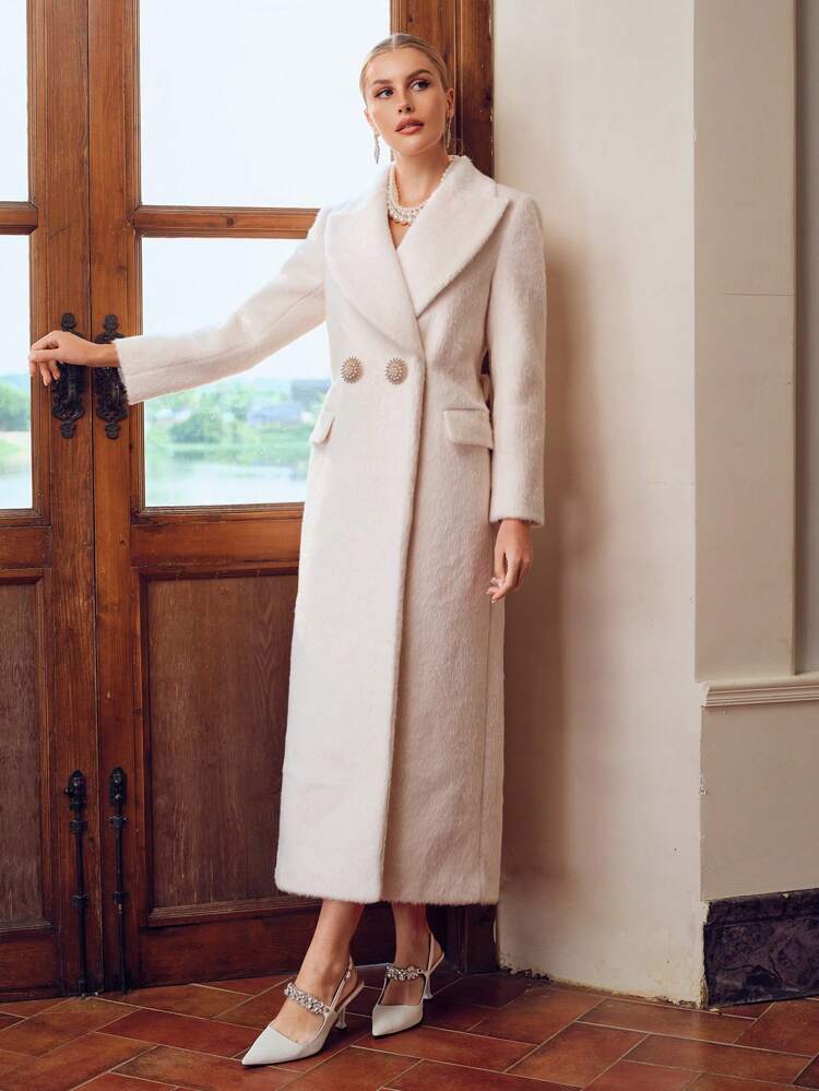 WOOL WATERFALL COLLAR FLAP POCKET LONG OVERCOAT