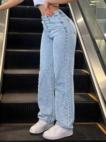 Women's Pearl Embellished High Waisted Jeans Wide Leg Denim Pants Light Blue Beaded Straight Trousers For Party