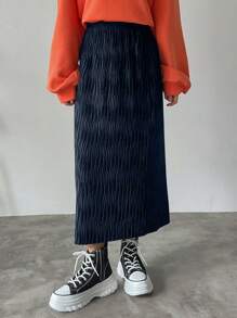 FRIFUL Women Casual Solid Color Textured Fabric Skirt - Navy Blue - View 3