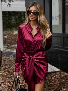 Aveloria 法式复古时尚百搭系带腰修身衬衫裙 - 酒紅色 - 查看 3