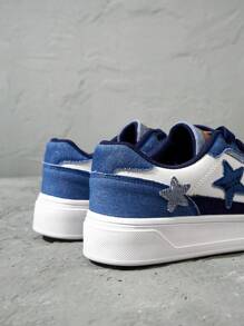 Beok 女士黑白星星印花休闲运动鞋透气拼接学生舒适平底鞋万圣节圣诞节学生鞋滑板鞋秋冬休闲运动鞋 - 藍白色 - 查看 6