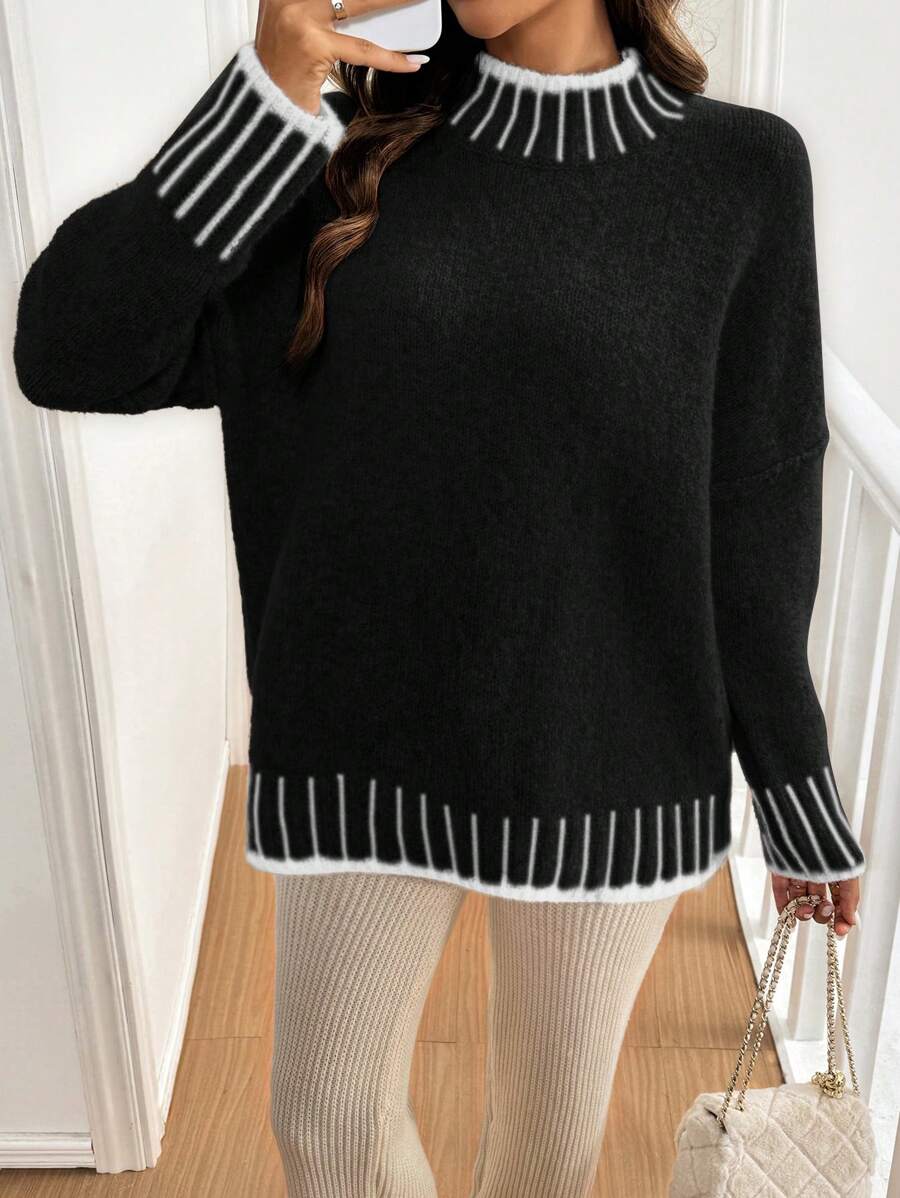 SHEIN Frenchy Women Crew Neck Loose Casual Oversize Contrast Color Sweater In Fall/Winter Black - Black - View 1