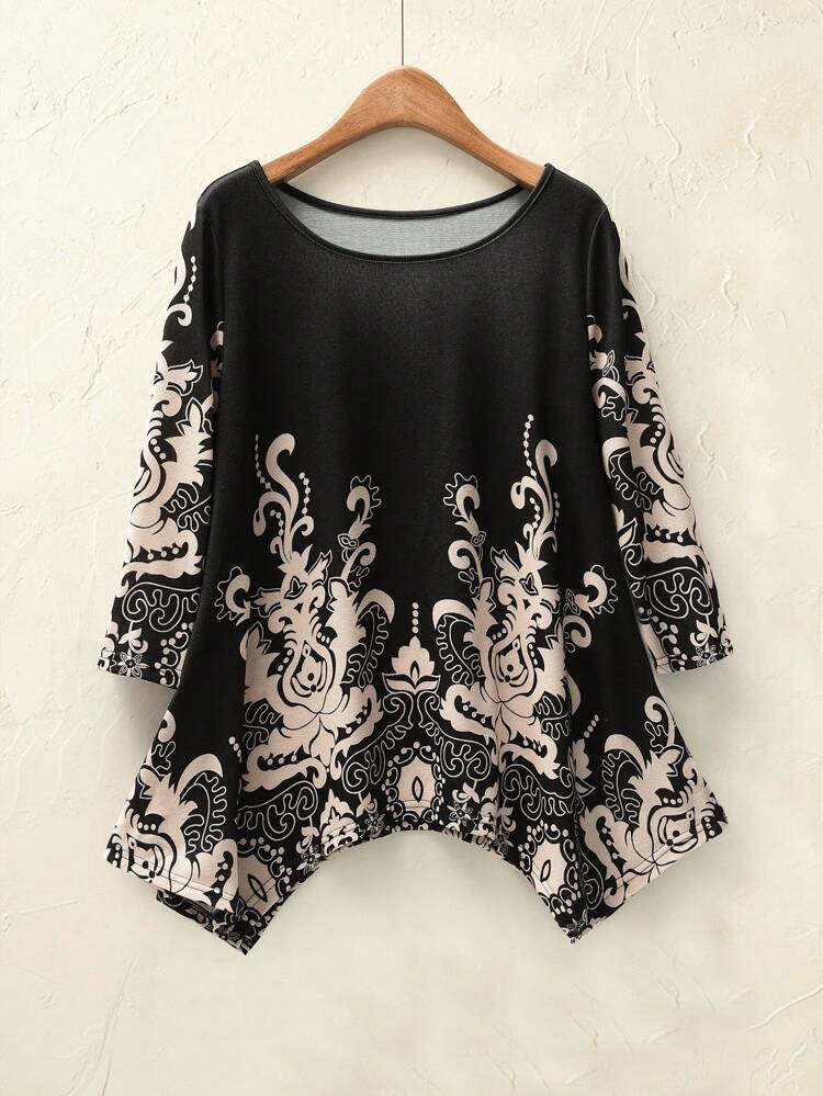Women's Floral Print Round Neck 3/4 Sleeve Asymmetrical Hem Casual T-Shirt, Spring Summer