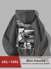 SHEIN CURVE+ 大码标语椰子树图案印花连帽衫，秋冬宽松大码女式运动衫寻找棕榈树最美的风景在攀登最高处之后挑战自己