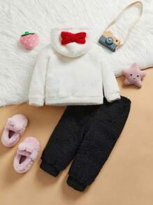 HELLO KITTY AND FRIENDS | SHEIN 2 件套女婴可爱甜美休闲白色卡通猫印花蝴蝶结连帽衫运动衫和黑色爱心运动裤泰迪熊套装