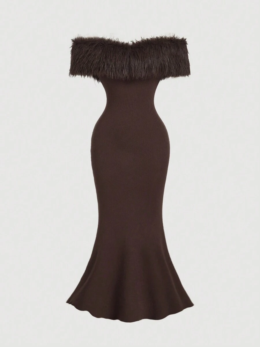 SHEIN MOD 1 pieza Vestido de punto de cola de pez con hombros descubiertos de pelo de camello, vestidos de suéter para mujeres, vestido de mujer para Año Nuevo, vestido de baile de disfraces, vestidos marrones para mujer, atuendo de mujer para concierto, atuendo de mujer para festival