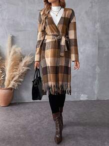 SHEIN LUNE 女式保暖格子领长款大衣，秋冬款 - 棕色 - 查看 5