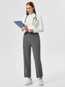 TaskEZ 女式系腰口袋制服手术裤 - 灰色 - 查看 5