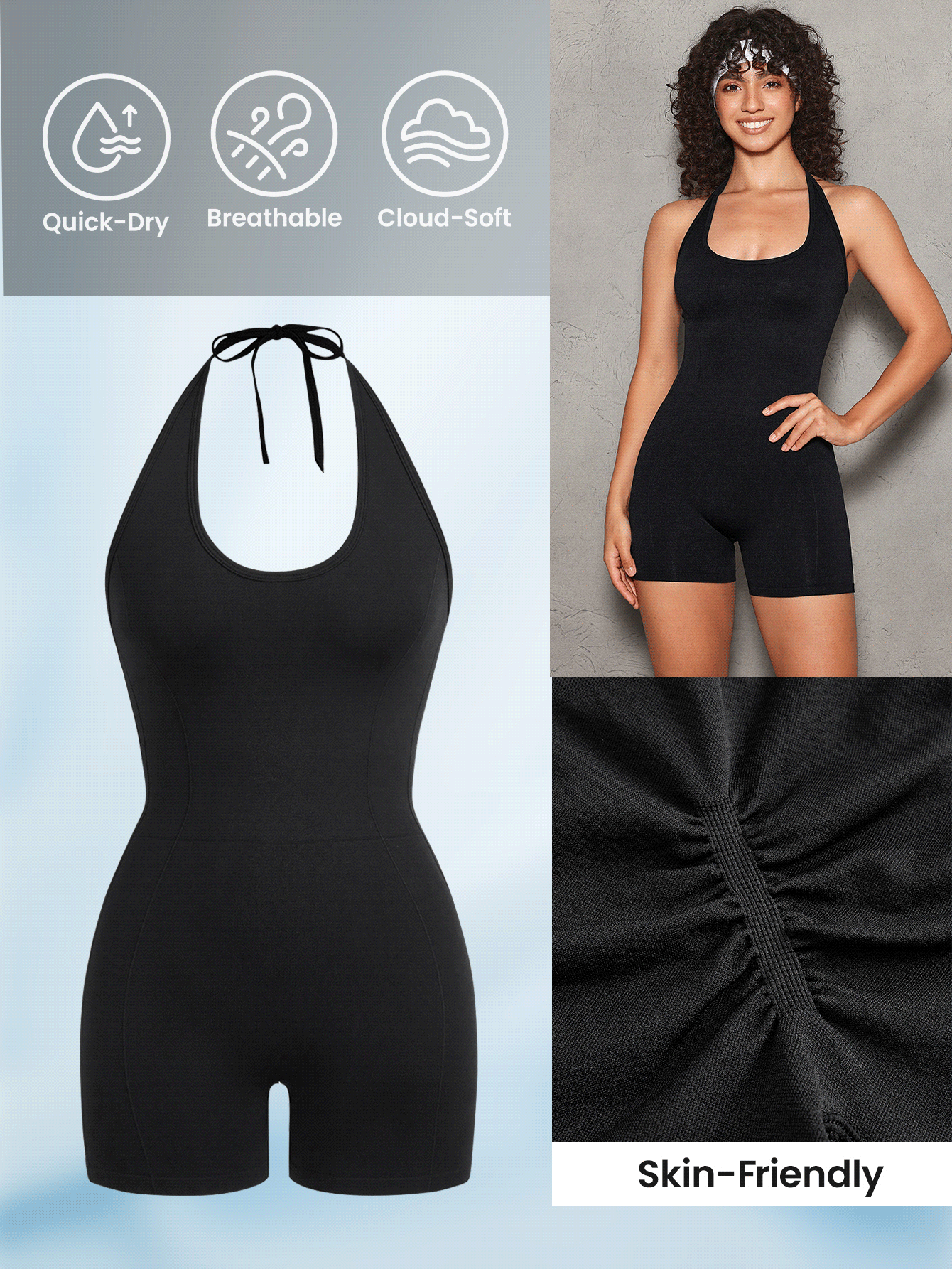Lifespree Solid Color Halter Backless Skinny Seamless Jumpsuit, Summer Sports - Black - View 3