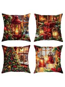 4 Pieces, 18in X 18in, Contemporary Style, Festive Christmas Tree, Holly, And Bell Velvet Throw Pillow Covers - Machine Washable, Zipper Closure, Suitable For Living Room, Bedroom, Sofa, And Bed Decor - Multicolor - View 4