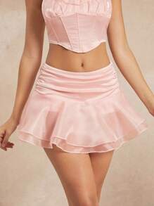 L'Amorae Ruffle Hem Ruched Waist Satin Mini Skirt - Pink - View 1