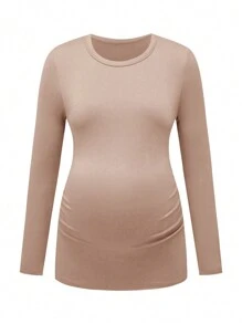 SHEIN Gravid Enfärgad Rund Hals Långärmad Plisserad Casual T-shirt, höst - Aprikos - Visa 8