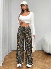 SHEIN PETITE 女士时尚迷彩印花阔腿裤