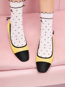 CUCCOO DOLLMOD Women's Black Round Toe Rhinestone Mesh Bow Ballerina Mary Jane Flat Shoes - Yellow - View 4