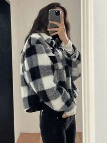 DAZY Plaid Fleece Loose Casual Short Jacket For Women, Autumn/Winter