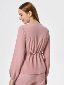 TaskEZ Solid Color V-Neck Long Sleeve Pocket Casual Nursing Uniform Scrub Top - Dusty Pink - View 2