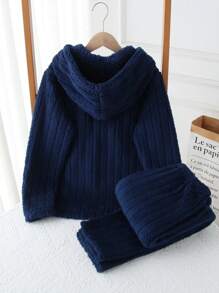 2pcs/Set Tween Boy Navy Blue Solid Color Minimalist Plush Hooded Long Sleeve Top & Long Pants Casual Comfortable Warm Lounge Set
