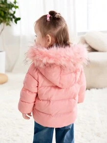 SHEIN Leap Crew Babygirl 可爱百搭温暖粉色羊毛领夹棉大衣，秋冬款 - 粉色 - 查看 2