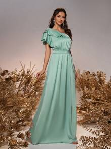SHEIN Belle Elegante tecido de cetim verde pescoço assimétrico patchwork mangas babados cinto cintura decorada bainha em linha A casamento evento formal senhoras vestido de dama de honra - Verde escuro - Ver 6