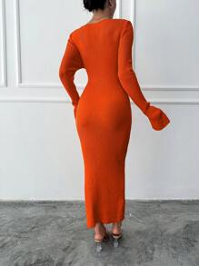 RueChic Solid Rib-knit Split Sleeve Bodycon Jumper Dress - Orange - View 2