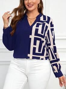 SHEIN Clasi Plus Size Casual Greek Fret Print Keyhole Neck Lantern Sleeve Blouse, Suitable For Spring & Autumn - Navy Blue - View 5