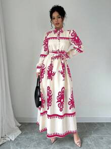 Elenzga 1 chiếc váy sơ mi họa tiết cổ bẻ dài tay phong cách đi làm thanh lịch cho nữ (Thiết kế in) - Hồng - Xem 4