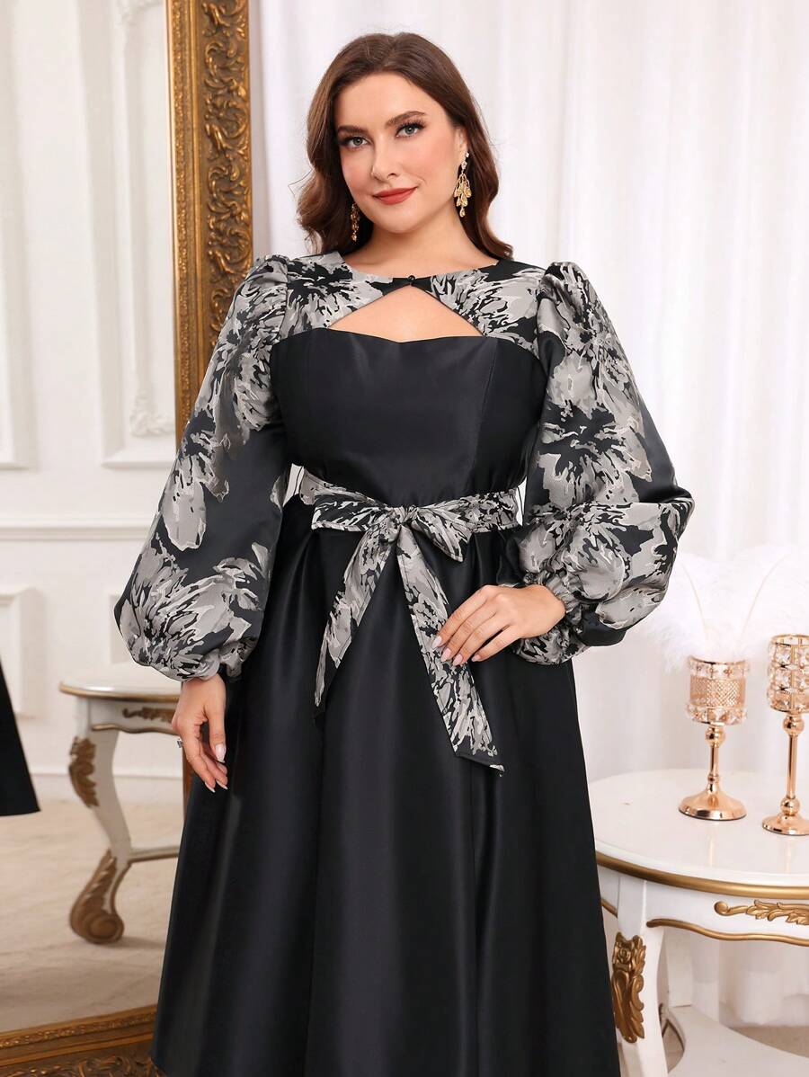 SHEIN Belle Plus Size Black Gold & Silver Organza Jacquard Patchwork Satin Hollow Out Lantern Sleeve Elegant Ball Gown, Long Sleeve Semi Formal Prom Dress, For Birthday, Wedding Guest, Graduation Homecoming - Black - View 1