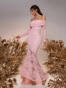 SHEIN Belle Women's Elegant Blush Pink Stretch Lace Off-Shoulder Long Sleeve Asymmetric Fishtail Dress,Spring Wedding Formal Bridesmaid Party Dresses - Dusty Pink - View 3