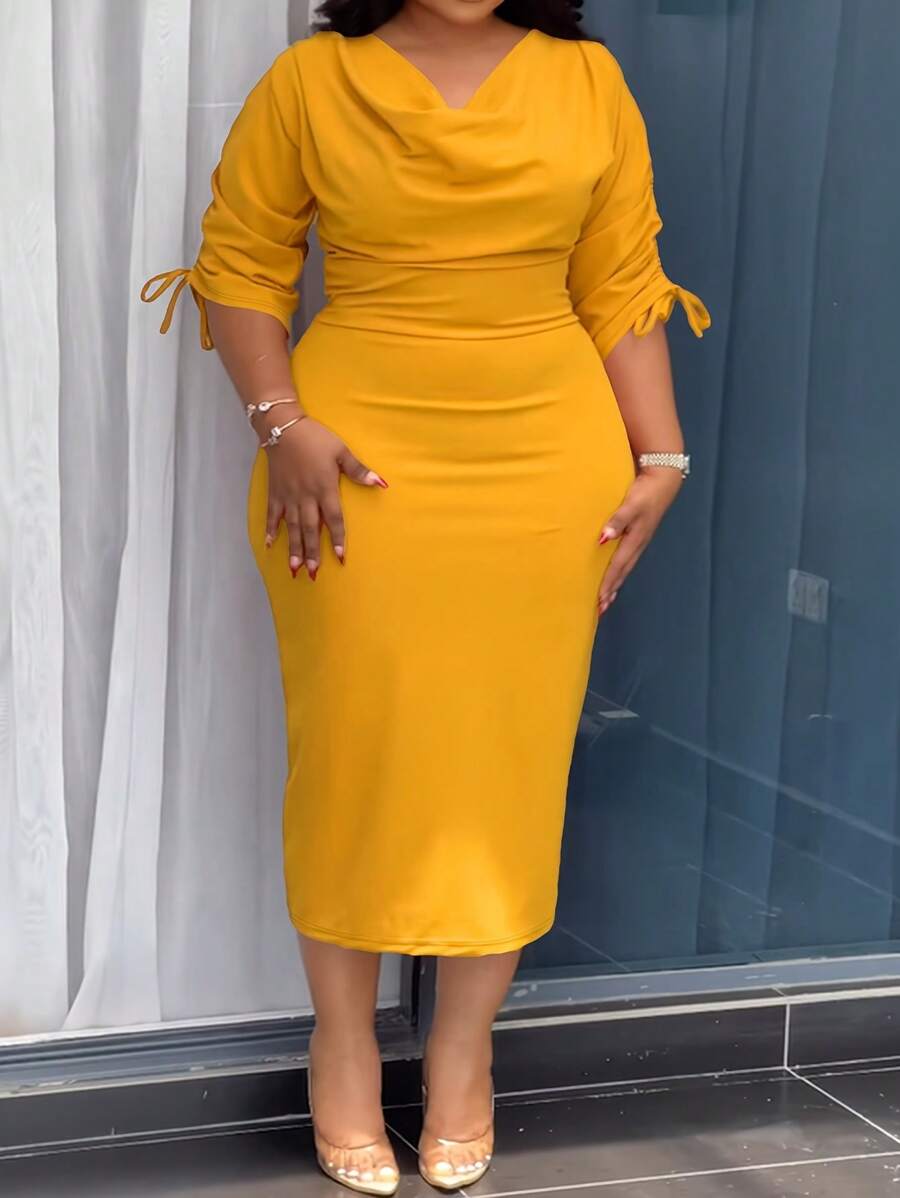 Plus Size Women's Solid Color Cowl Neck Bodycon Dress - Yellow - View 1