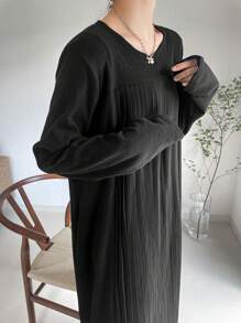 FRIFUL 女士休闲纯色圆领宽松长裙，秋季长袖连衣裙