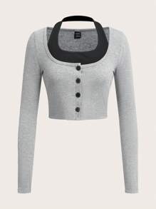 SHEIN EZwear Kontrastfärgad stickad dam Casual turtleneck långärmad T-shirt med knäppning, vår och höst - Grå - Visa 1