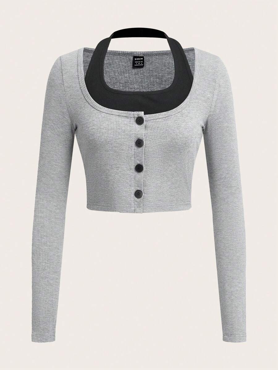SHEIN EZwear Kontrastfärgad stickad dam Casual turtleneck långärmad T-shirt med knäppning, vår och höst - Grå - Visa 1