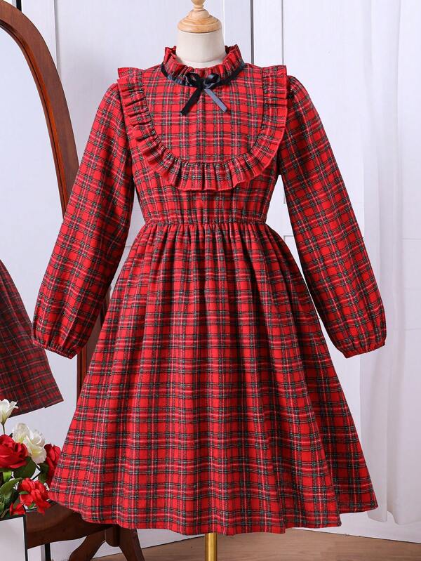 SHEIN Rochie de Crăciun de Crăciun pentru fete de dimensiuni plus mari, elegantă, cu fundă, carouri, cu mânecă lungă, cu talie, potrivită pentru ocazii de petrecere