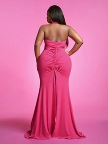 Slaydiva Plus Size Elegant Backless Slit Fishtail Hem Fitted White Evening Dress, Fall/Winter - White - View 2