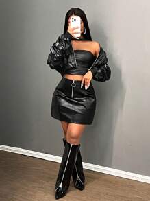 Slaydiva New Elegant Women's Middle Front Zipper Ring Decorated V Split Red Brown Glossy PU Mini Skirt Women's Skirt - Black - View 5