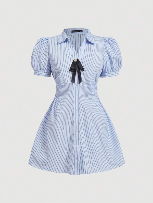 SHEIN MOD Vestido lindo con mangas abultadas, lazo y rayas vintage para mujer de talla grande, para el verano