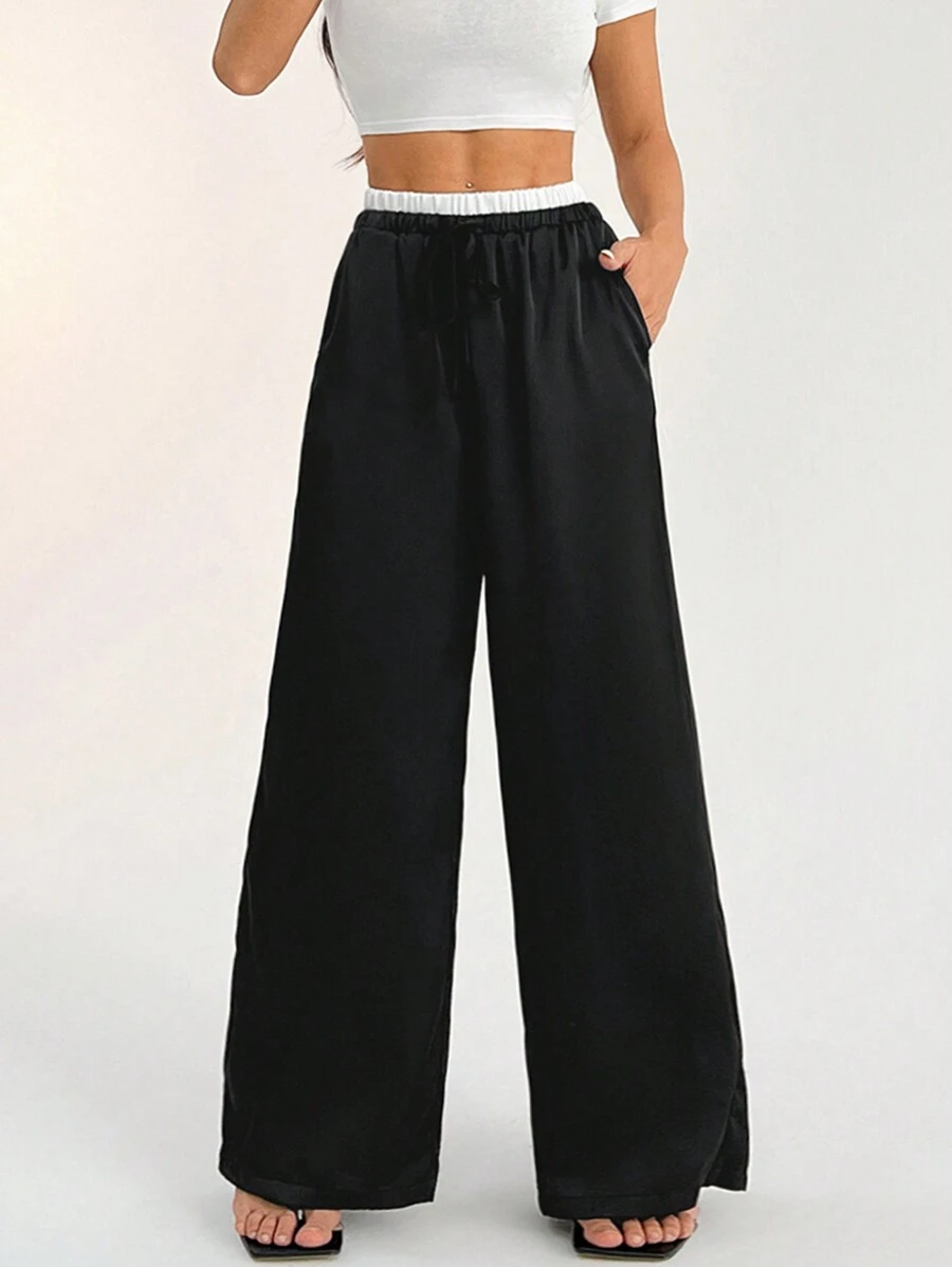 SHEIN PETITE Contrast Color Double Waist Satin Glossy Women's Wide Leg Pants ,Petite Women - Black - View 1