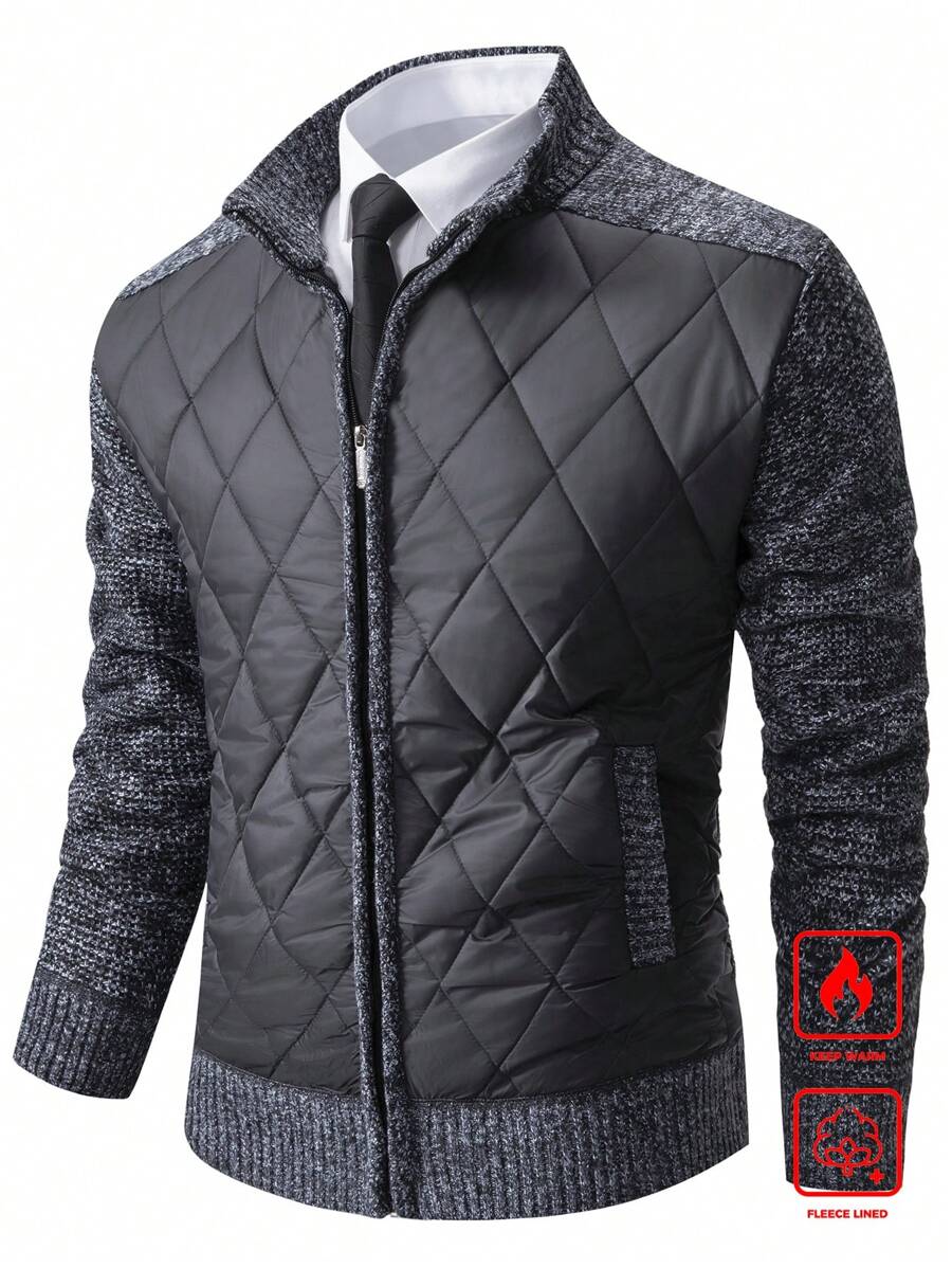 Manfinity Homme 男士纯色拉链休闲日常绗缝开衫，冬季黑色绗缝保暖内衬开衫，男士拼接开衫，秋季长袖上衣 - 深灰色 - 查看 1