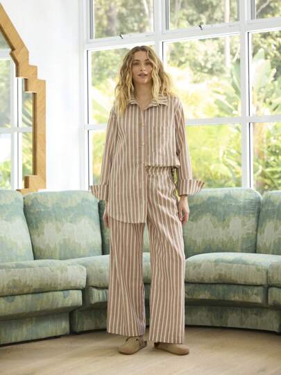 Aralina Textured Linen Look Striped Relaxed Fit Long Sleeve Shirt