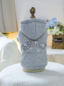 PETSIN 1pc Pet Autumn/Winter Grey Fleece Thick Hoodie Sweatshirt With New York Flower Embroidered Pattern, Casual Style Dog Coat