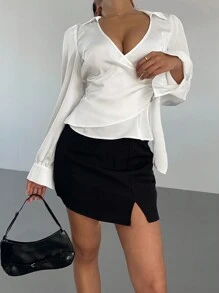 Aloruh Women's Solid Color White Deep V Wrap Design Long Sleeve Blouse, Autumn/Winter - White - View 7