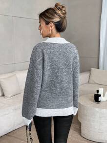 SHEIN Privé 女士拼色翻领长袖宽松针织毛衣 - 彩色 - 查看 2