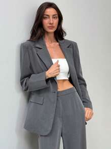 Aloruh Nouveau ensemble 2 pièces gris oversize pour l'automne/hiver, composé d'une veste de costume avec poche et d'un pantalon. Design simple, chaud et adapté pour les déplacements - Gris foncé - Voir 5