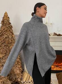 DAZY Solid Color Loose Long Sleeve High Collar Zip Up Asymmetric Women Cardigan,Long Sleeve Tops,Fall Women Clothes - Grey - View 1