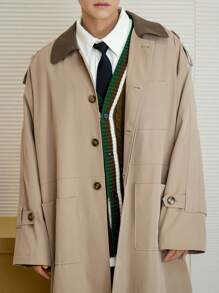 DAZY Men's Solid Color Patchwork Front Button Long Sleeve Casual Long Trench Coat For Autumn - Khaki - View 5