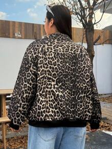 CovetEZ Plus Size Vintage Leopard Print Lapel Zip-Up Jacket, Suitable For Casual Outdoor Use - Brown - View 2