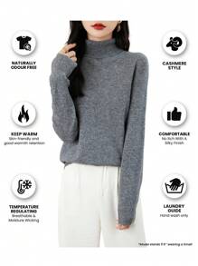 女士100%美利奴羊毛衫，秋冬长袖高领套头衫，保暖柔软针织上衣