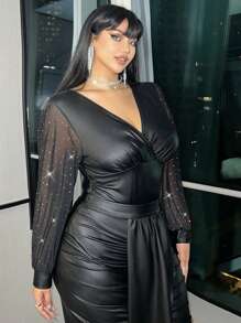Allurite Plus Size V-Neck Ruched Mesh Sequins Lantern Sleeve Sexy Sheer Bodysuit For Party