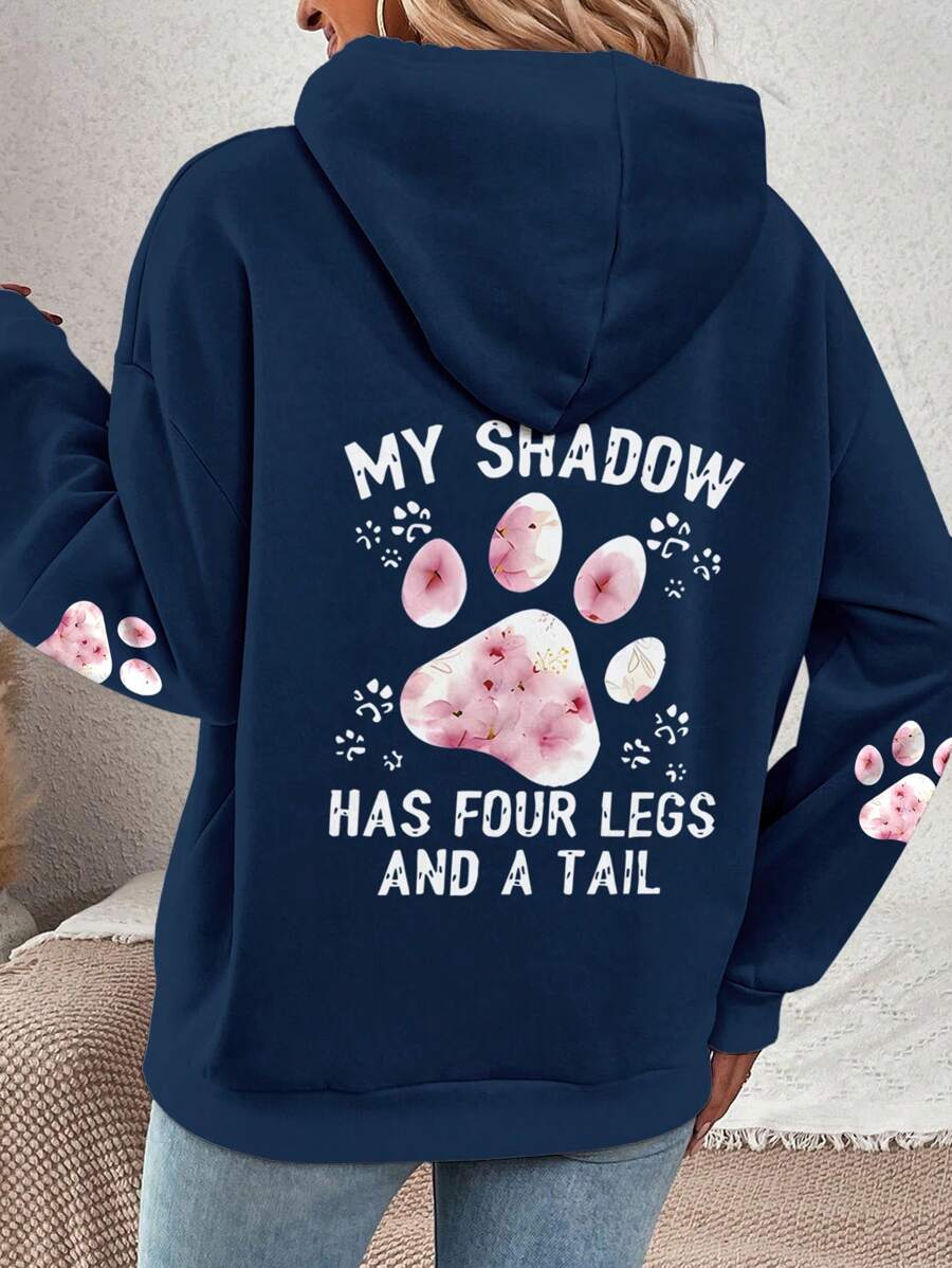 INAWLY Women's Dog Paw & Alphabet Print Casual Hoodie Sweatshirt, Autumn/Winter Fall Cloth For Women - Navy Blue - View 1